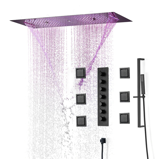 Fontana Dijon Matte Black Thermostatic Recessed Ceiling Mount LED Musical Luxurious Rainfall Shower System with Hand Shower, Phone Control Light and 6 Jetted Body Sprays